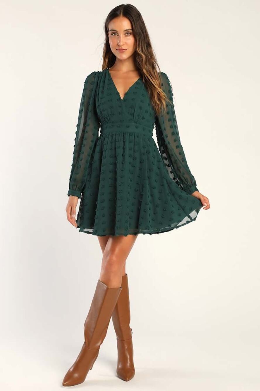 Lulus Always on Repeat Emerald Green Clip Dot Long Sleeve Mini Dress Large NWT